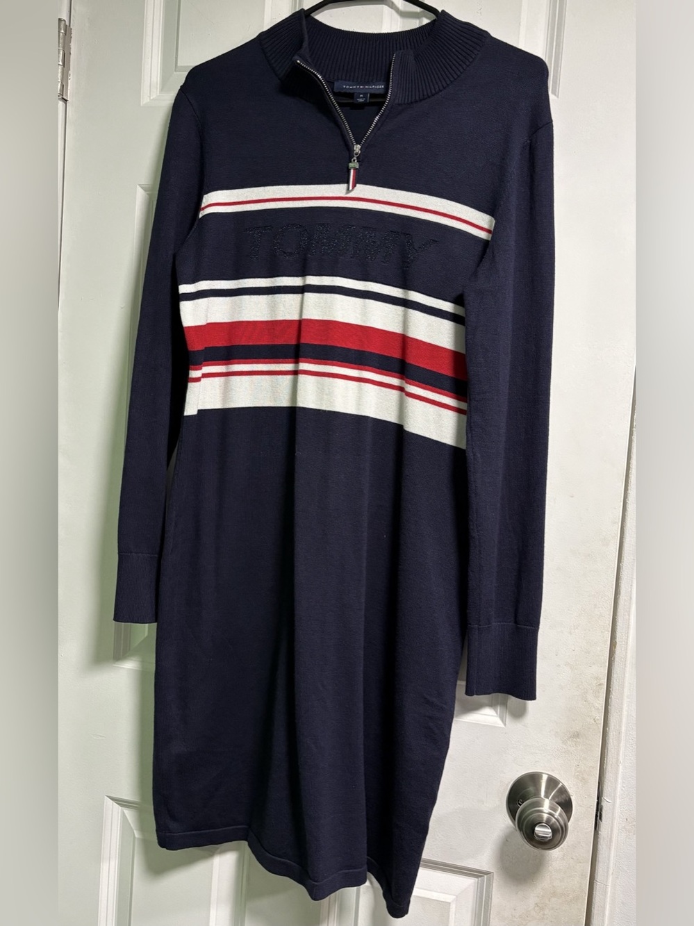 Tommy Hilfiger Navy Blue Quarter Zip Sweater Dress - Red & White stripe Size M